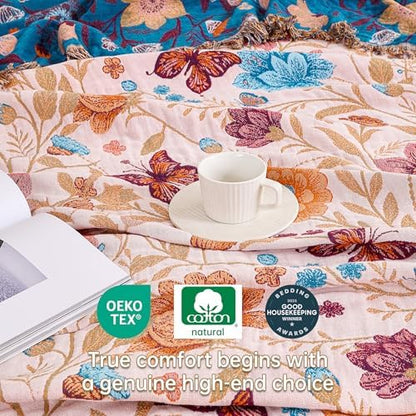 VANJOROY Boho Throw Blanket, 100% Organic Cotton Breathable Ultra Soft 60" x 80" Bed Quilt Throw - All Season Floral Rustic Farmhouse Decor Luxury Reversible Blanket for Sofa Couch Chair and Gift