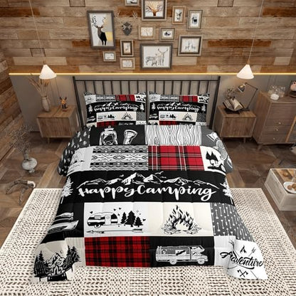 Castle Fairy Camping Adventure Comforter Set Twin Size,RV Camper Accessories for Travel Trailers Bedding Set for Kids Boys Men,Rustic Red Plaid Boho Aztec Exotic Quilted Duvet Set with 1 Pillowcase