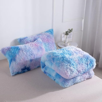 Wajade Fluffy Fuzzy Faux Fur King Size Comforter Set - King Duvet for Warm and Cozy Soft Bedroom 3 Pieces Premium Bedding Comforter Sets Galaxy Blue