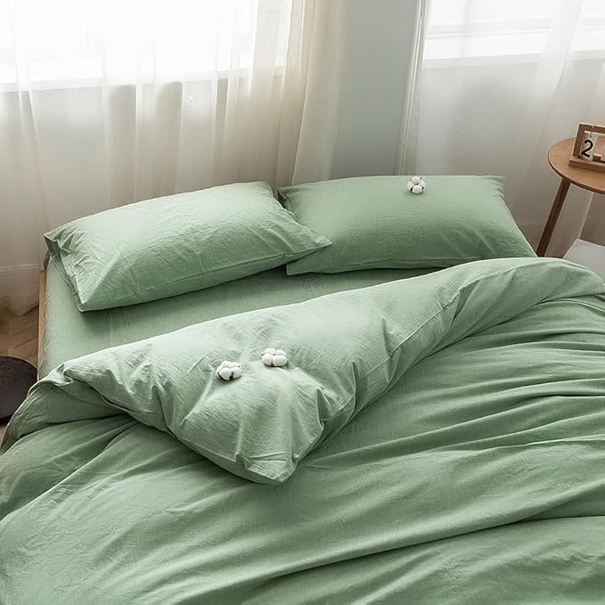FACE TWO FACE Bedding Duvet Cover Set100% Washed Cotton Duvet Cover Linen Like Textured Breathable Durable Soft Comfy(Queen, Green)