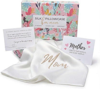 Mom Silk Pillowcase with Mom Embroidery for Mother's Day, for Mom, Wife, Daughter or Sister, Mother's Day Insert Card with Gift Box