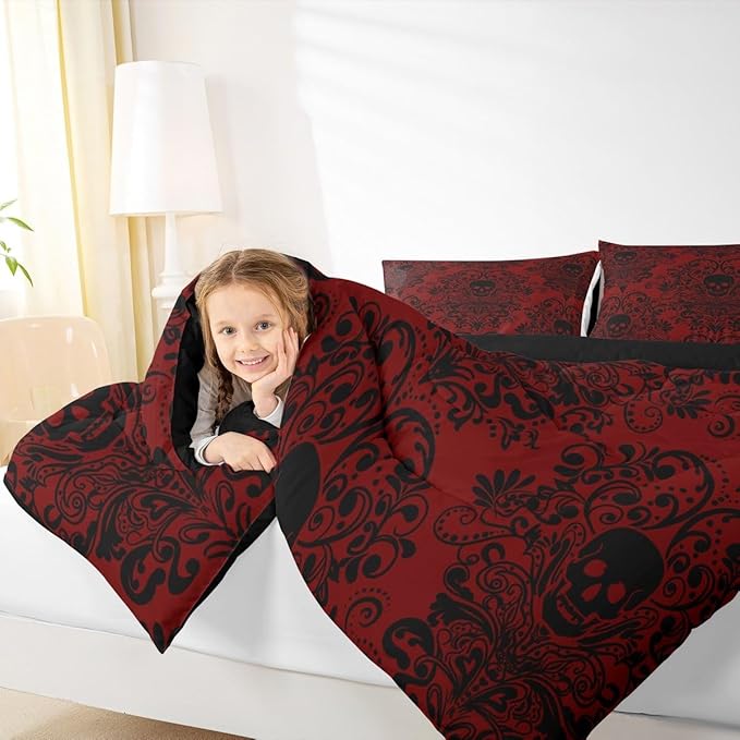 Feelyou Adults Gothic Skull Bedding Set Twin Size Kids Damask Print Comforter Goth Bohemian Duvet Breathable Soft Lightweight Microfiber Black Red Room Decor with 1 Pillowcase