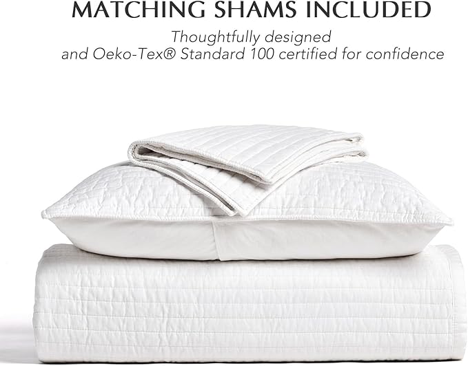 EVERGRACEHOME Cotton Sateen Quilt Set King Size, Pre-Washed Cotton Channel Stitch Coverlet Bedspread, 3 Pieces Lightweight Soft Bedding Sets for All Season, with 2 Pillow Shams, Bright White