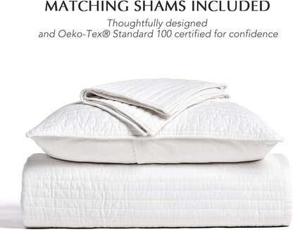EVERGRACEHOME Cotton Sateen Quilt Set King Size, Pre-Washed Cotton Channel Stitch Coverlet Bedspread, 3 Pieces Lightweight Soft Bedding Sets for All Season, with 2 Pillow Shams, Bright White