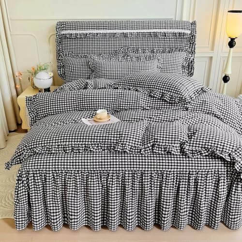 mixinni Vintage Black Gingham Ruffle Comforter Set 3-Piece Washed Cotton Queen Size Grid Bedding Set with Geometric Checkered Pattern, Farmhouse Chic Soft Fluffy Comforter for All-Season