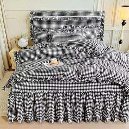 mixinni Vintage Black Gingham Ruffle Comforter Set 3-Piece Washed Cotton King Size Grid Bedding Set with Geometric Checkered Pattern, Farmhouse Chic Soft Fluffy Comforter for All-Season