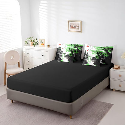 Erosebridal Japanese 7 Piece Bed in A Bag King Sun Cherry Blossom Comforter Set with Sheets Watercolor Black Green Pavilions Mountain Sakura Floral Bedding Set for Kids Adults Chinese Ink Bed Set