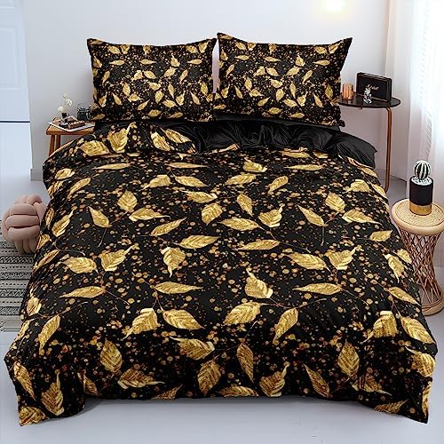 Queen Size Gold Leaves Duvet Cover Set Trendy Floral Bedding Sets Abstract Bed Set for Girls,Boys Bedroom Decor