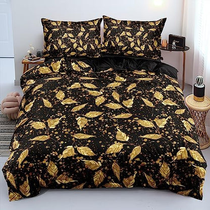 Queen Size Gold Leaves Duvet Cover Set Trendy Floral Bedding Sets Abstract Bed Set for Girls,Boys Bedroom Decor
