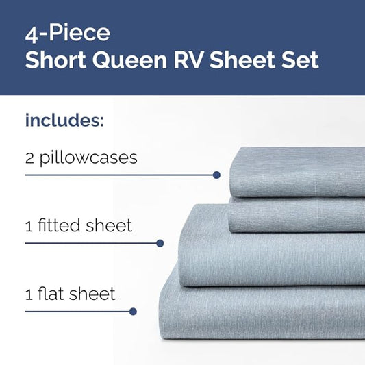 RV Short Queen Sheet Set 60 X 75 - 4 Piece RV Short Queen Bed Sheets - Soft, Breathable & Cooling - Designed for Bunks, Trailers & Campers - Fits 8” to 12" Mattress - Luxury Bedding - Heathered Blue