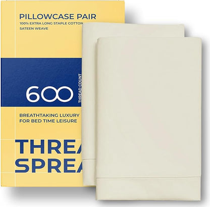 Thread Spread 100% Egyptian Cotton King Size Pillow Cases Set of 2 - Luxury 600 Series Bliss Collection Pillow Cases King Size (Ivory), Soft Cooling Hotel Cotton Pillowcases, Sateen Finish