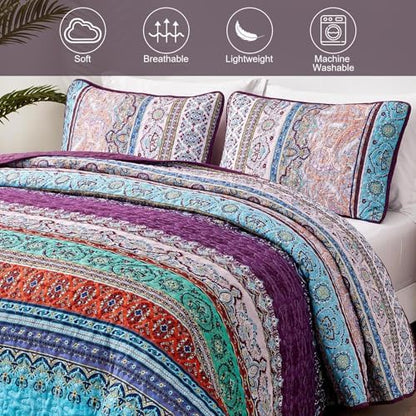 WONGS BEDDING Purple Quilt California King Size, Boho Stripe Bedding Set