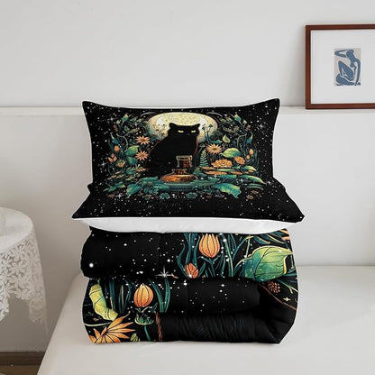 Castle Fairy Cute Cat Kids Comforter Set Twin Size,Flower Leaves Bedding Set Moon Night Starry Sky Quilt Set for Girls Boys Teens Room Decor,Trippy Pet Animals Plant Duvet Insert,1 Pillowcase,Black