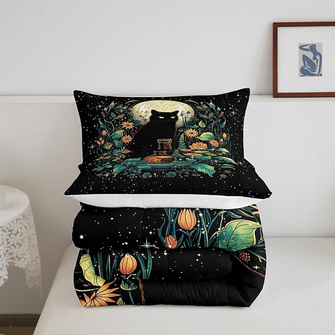 Castle Fairy Cute Cat Kids Comforter Set King Size,Flower Leaves Bedding Set Moon Night Starry Sky Quilt Set for Girls Boys Teens Room Decor,Trippy Pet Animals Plant Duvet Insert,2 Pillowcases,Black