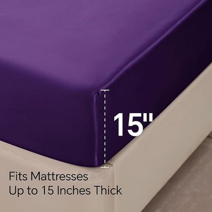 BEDELITE Satin Sheets Full Size Bed Set, Luxury Soft Plum Purple Sheets for Hair and Skin, Similar to Silk Bed Sheets Set 4 Pieces with 1 Deep Pocket Fitted Sheet, 1 Flat Sheet, and 2 Pillowcases