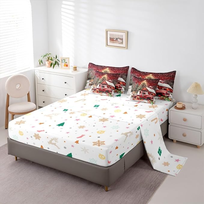 Merry Christmas Comforter Set 7 PCS,Luxury Christmas Trees and Gifts Bed Set for Girls Kids,Red Barn Truck Bed in a Bag Bedding Set with Comforter,Sheet Set,Pillowcases,Pillow Covers,Queen