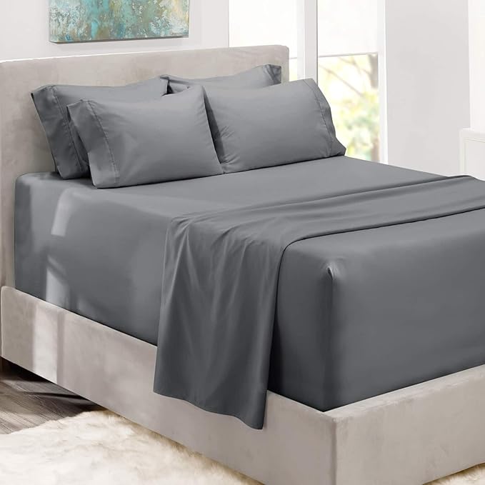 Hearth & Harbor Luxury Soft 6 Piece Bed Sheet Set Extra Deep Pocket Fitted Sheets Fits Mattress up to 21", Double Brushed Bedding Sheets & Pillowcases, Twin, Frost Gray