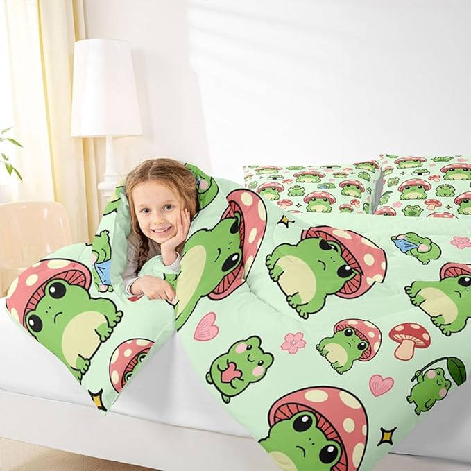 Mushroom Frog Comforter Set Queen Size Cute Mushroom Bedding Set 3pcs for Kids Girls Boys Bedroom Decor Cartoon Animals Plants Quilt Set Pink Green Duvet Insert,2 Pillowcases