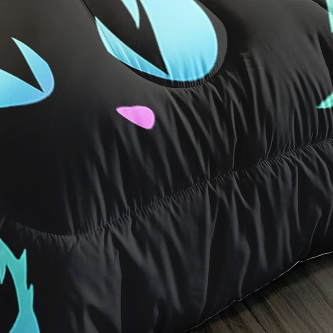 Axolotl Kids Bedding Cartoon Cat Comforter Set Twin Size,Gradient Line Cute Cat Bedding Set for Teens Boys Girls Adults Room Decor,Kids Comforter Set All Season,1 Comforter 2 Pillow Cases,Black