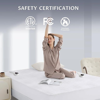 King Size Multi Zone Electric Heated Mattress Pad - Bed Warmer with Memory & Preheat Functions, 10 Heat Settings Dual Control for 1-12 Hours Auto Off, Lighted Button