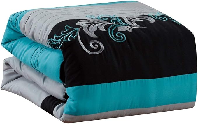 Chezmoi Collection Napa 7-Piece Luxury Leaves Scroll Embroidery Bedding Comforter Set (Full, Teal Blue/Gray/Black)