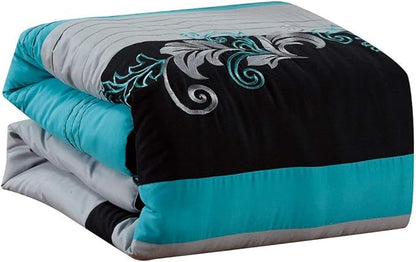 Chezmoi Collection Napa 7-Piece Luxury Leaves Scroll Embroidery Bedding Comforter Set (Full, Teal Blue/Gray/Black)