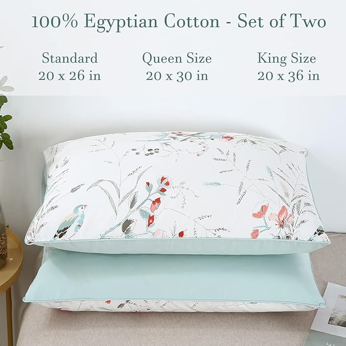 WINLIFE 100% Cotton Pillowcases Garden Floral Birds Printed on White Pillow Cases Pillow Cover Set of 2 (Standard 20x26 inches, Birds Floral)