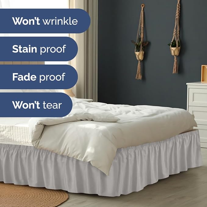 Wrap Around Dust Ruffle Bed Skirt - French Grey - for Full Size Beds w/ 12 Inch Drop - Easy Fit Elastic Strap - Adjustable Pleated Bedskirt w/Brushed Fabric - Wrinkle Free, Women, Men, Kids & Teens