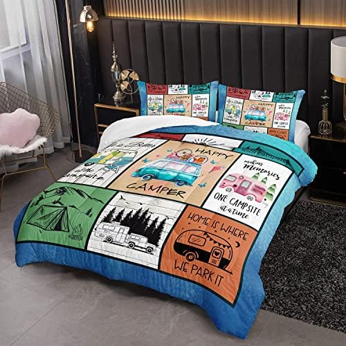HOSIMA Happy Camping Decor Comforter Set,Cartoon Camper Bedding Queen Size for Kids Teen Girls Boys Room Decor,Camper Accessories for Travel Trailers Themed Bedding with 2 Pillowcases.