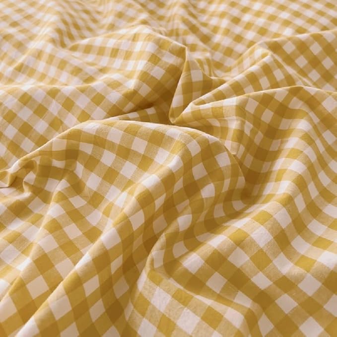 LifeTB Queen Comforter Set Modern Style Yellow Gingham Comforter Geometric Plaid Printed Bedding Comforter with 2 Pillow Shams Fluffy Lightweight Gingham Bedding Grid Checkered Comforter Set