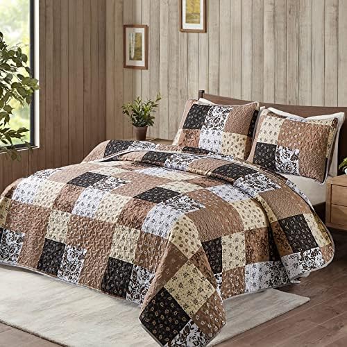 Mybedsoul Boho Quilts Queen Size, Patchwork Fall Bedding Set, Khaki