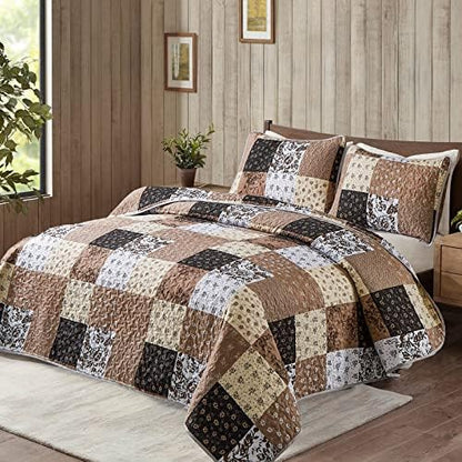 Mybedsoul Boho Quilts Queen Size, Patchwork Fall Bedding Set, Khaki