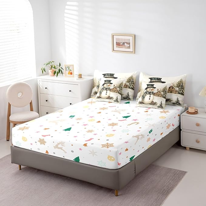Winter Farmhouse Style Comforter Set Bed in a Bag 7 Pieces Full,Cartoon 3D Snowman Rustic Pinecone Bedding Set,Merry Christmas (Comforter+Fitted+Flat Sheet+2 Pillowcases+2 Throw Pillow Covers)