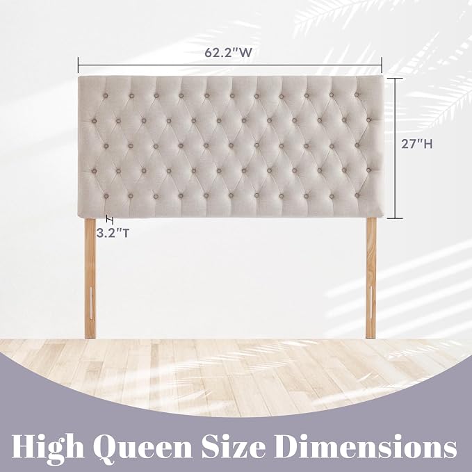Upholstered Queen Headboard Only, Premium Linen Button Tufted Headboards, Adjustable Solid Wood Head Board, Padded Headboard with Solid Wood Legs in Bedroom (Beige)