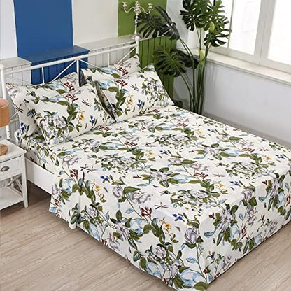 FADFAY Shabby Floral Sheets King 100% Cotton 600 TC White Flower and Green Leaves Bedding Vintage Garden Botanical Print Country Side Bed Sheet Soft Deep Pocket Sheet 17.5'',Beige