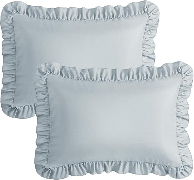 KKJIAF Ruffle Pillow Cases Queen Size Set of 2, Ruffled Pillow Covers with Envelope Closure, Wrinkle Resistant Ruffled Pillow Shams 20" x 30", Dusty Blue