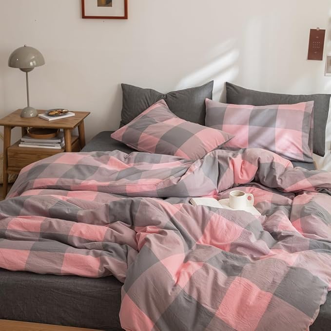 FACE TWO FACE Bedding Duvet Cover Set100% Washed Cotton Duvet Cover Linen Like Textured Breathable Durable Soft Comfy (Twin, Grey Powder Grid)