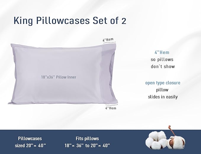Pillow Cases, King Size Cotton Percale Weave Pillowcases, Pre-Shrunk Breathable and Hypoallergenic Pillowcases, Set of 2 (2 Piece King 20 Inch x 40 Inch, Light Purple)