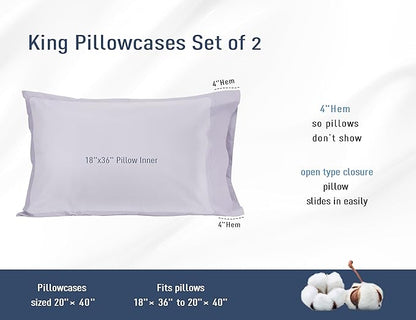 Pillow Cases, King Size Cotton Percale Weave Pillowcases, Pre-Shrunk Breathable and Hypoallergenic Pillowcases, Set of 2 (2 Piece King 20 Inch x 40 Inch, Light Purple)