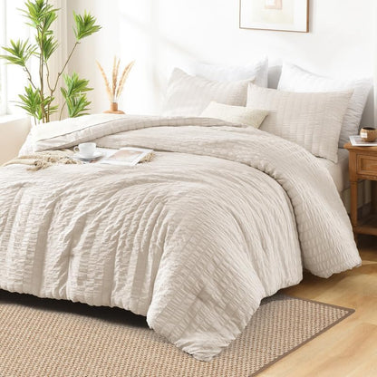 AveLom Seersucker Oversized King Comforter Set Beige (120x98 in), 3 Pieces 100% Soft Washed Microfiber Lightweight Comforter with 2 Pillowcases, All Season Down Alternative Comforter Set for King Bed