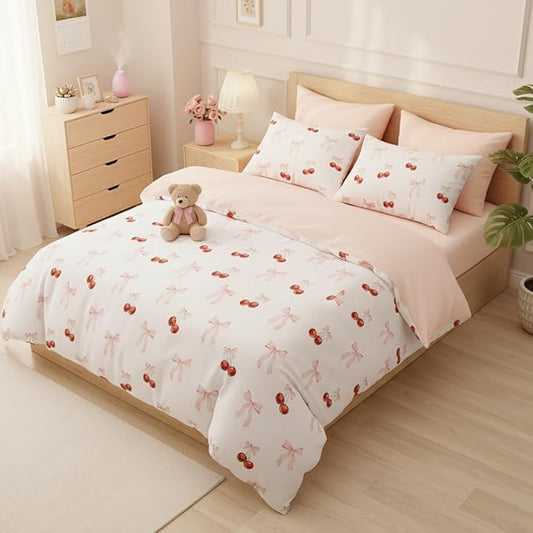 Nayoroom Pink Bow Comforter Set Full Size Reversible Red Cherry Comforter 3 Pieces Soft Lightweight Kids Girls Cute Aesthetic Dorm