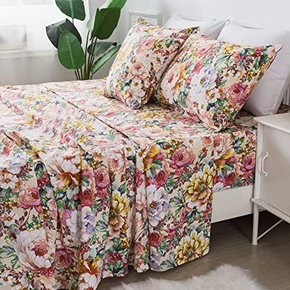 FADFAY Floral Sheets Set King 100% Cotton Shabby Garden Flower Pink and Orange Vintage Peony Bedding 600TC Elegant Cottagecore Bedding Super Soft Deep Pocket Bed Sheets Set, 4Pcs