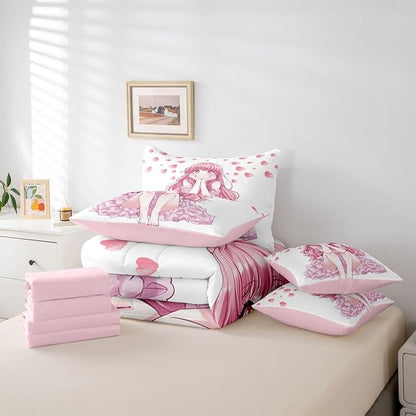 Erosebridal Pink Kawaii Bedding Set for Kids,Cute Anime Girl Bed in A Bag Japanese Style Girl Twin Comforter Set 7 Piece Girly Sheet Set with Comforter Bedroom Decor