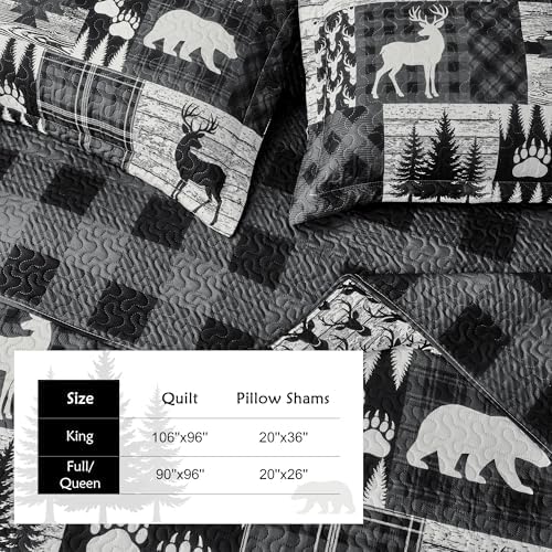 3 Piece Cabin Full/Queen Quilt Sets Farmhouse Rustic Reversible Microfiber Soft Lightweight Bedspread Comforter with 2 Shams Patchwork Country Lodge Bedding Quilts Set for All Season, 90''x96'' , Grey