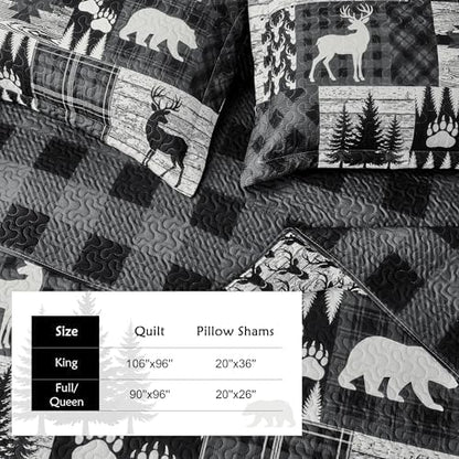 3 Piece Cabin Full/Queen Quilt Sets Farmhouse Rustic Reversible Microfiber Soft Lightweight Bedspread Comforter with 2 Shams Patchwork Country Lodge Bedding Quilts Set for All Season, 90''x96'' , Grey