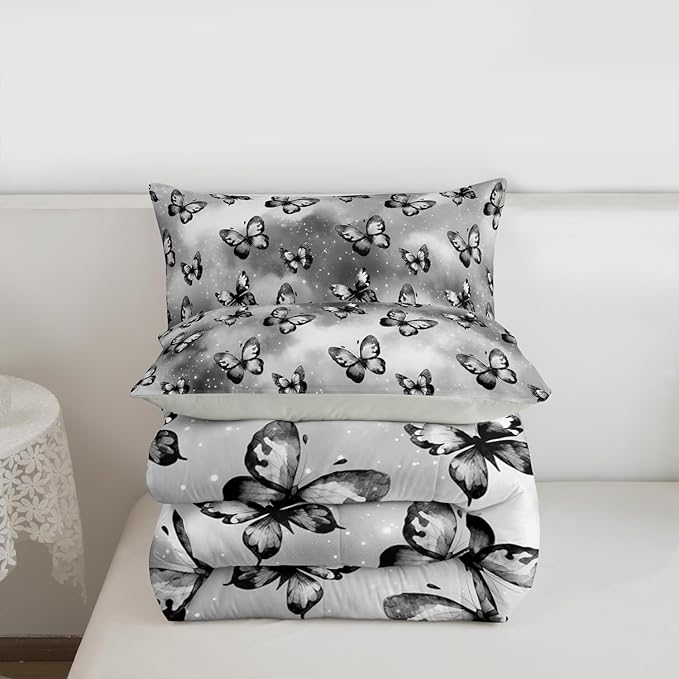 Erosebridal Butterfly Bedding Sets Queen - Dreamy Coquette Comforter Set for Kids Adults Watercolor Gradient Grey Butterfly Duvet Insert Galaxy Stars Print Quilt