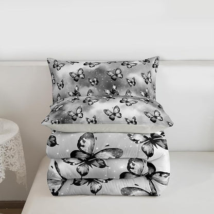 Erosebridal Butterfly Bedding Sets Queen - Dreamy Coquette Comforter Set for Kids Adults Watercolor Gradient Grey Butterfly Duvet Insert Galaxy Stars Print Quilt