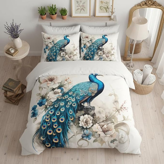 King Size Comforter Set for Women,Teal Peacock Feather Bedding Set with Blue and White Floral,Elegant Watercolor Bird Flowers Decor,3Pcs Soft Fluffy Microfiber with 2 Pillowcases,104 * 90