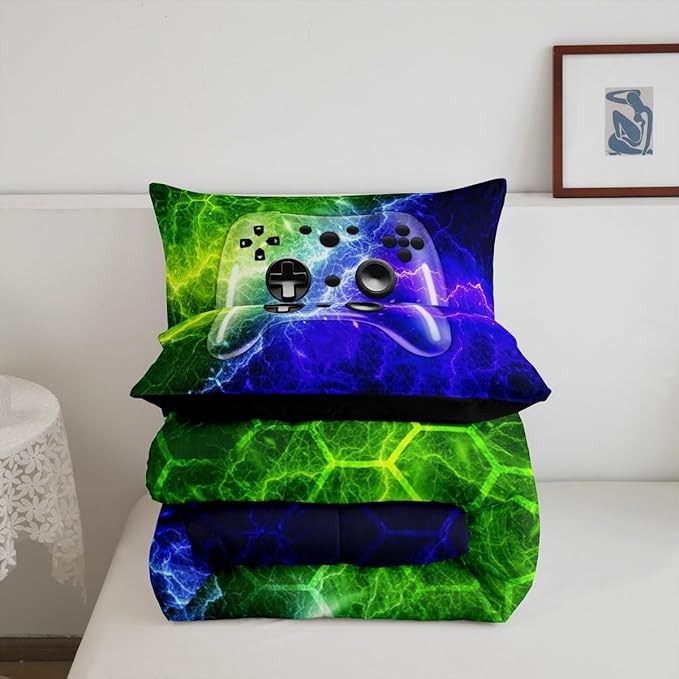 Erosebridal Boys Gaming Bedding Set Twin Size,Kids Gamer Comforter Set Green Blue Lighting Gamepad Bedding for Teen Honeycomb Game Room Decor,Soft Neon Games Console Quilt Duvet 2Pcs
