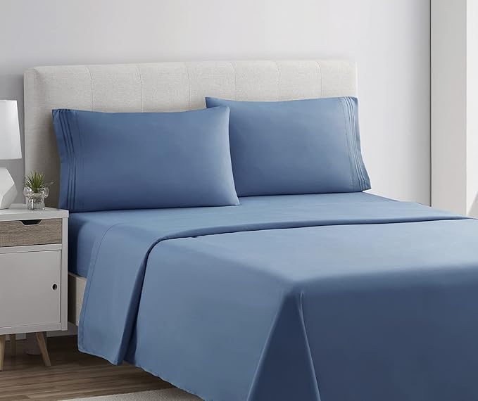 Clara Clark Bed Sheets, Premier 1800 Series 4 Piece Bed Sheet Set, Deep Pocket, Wrinkle, Fade, Stain Resistant, Luxury Soft Bedding Sheets & Pillowcases, California King, Blue Heaven